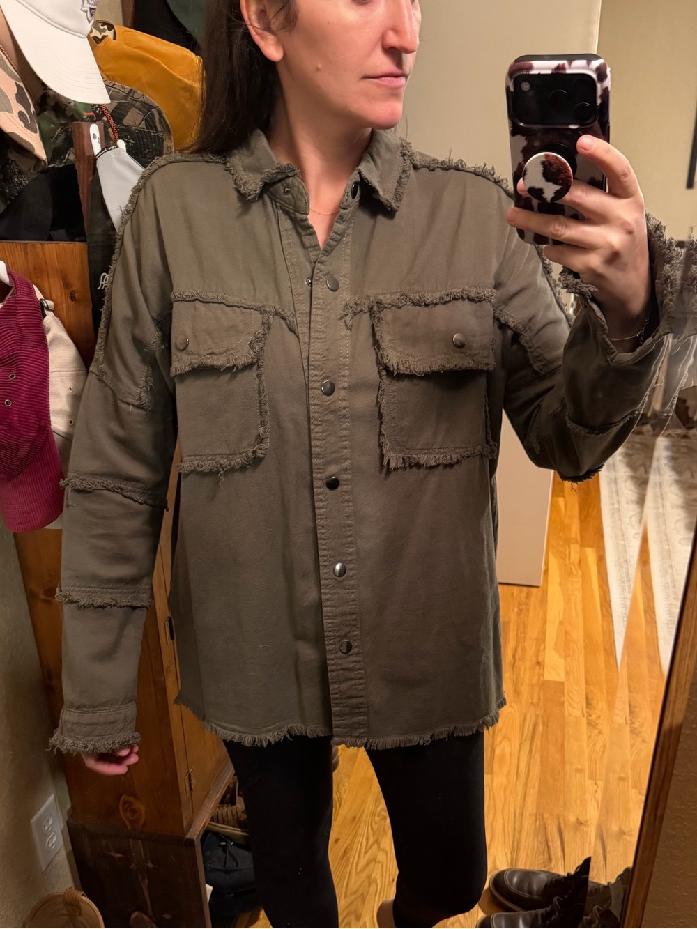Elan Olive Green Shirt Jacket with Frayed Details - Rock and Roll back